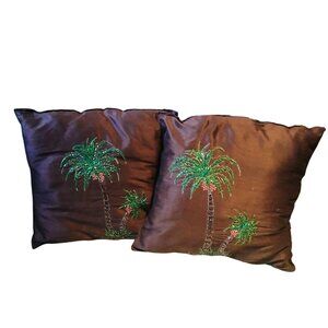 Brown Palm Tree Throw Pillows Beaded  Embroidered Tropical Coastal Tiki lot 2